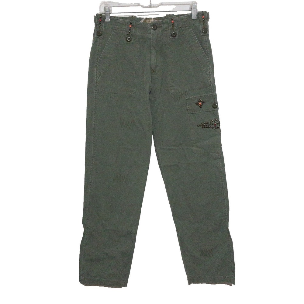 Western Denim Bank Cargo Pants Womens 30 Olive Green Studded Eagle Embroidered